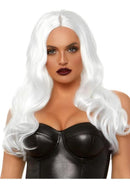 Leg Avenue 27 Inch Long Wavy Wig White styled on a model with long white waves in a black leather outfit.