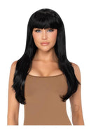 Leg Avenue Long Straight Bang Wig 25in Black worn by model with sleek, straight strands and blunt fringe.
