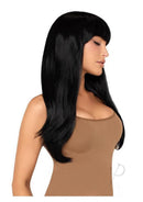 Leg Avenue Long Straight Bang Wig 25in Black worn by a model showing sleek style and blunt fringe in a side profile.