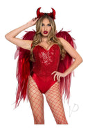 Leg Avenue Dark Enchantress Chiffon Wings and Horn Headband costume with red sequined outfit and chiffon wings.