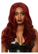 Leg Avenue 27 Inch Long Wavy Wig Burgundy worn by a model with flowing waves and a dramatic wine-red color.