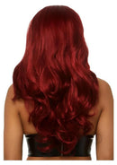 Leg Avenue 27 Inch Long Wavy Wig Burgundy displayed on a model from behind showing rich wine-red flowing waves.