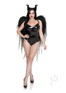 Model wearing Leg Avenue Dark Enchantress Wings and Horn Headband Black costume with black wings and fishnet stockings.