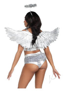 Leg Avenue Metallic Angel Wings and Halo Headband Silver worn by model from the back, showcasing shiny silver wings and halo.