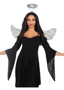 Leg Avenue Metallic Angel Wings and Halo Headband Silver worn by model with silver wings and halo.
