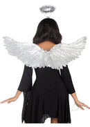 Leg Avenue Metallic Angel Wings and Halo Headband Silver worn with black dress from the back view.