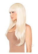 Leg Avenue Long Straight Bang Wig 25 Inch Blonde displayed on model with sleek, straight hair and full bangs.