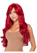 Leg Avenue Long Wavy Wig 27 Inch Red styled on a model, showcasing its vibrant red color and cascading waves.