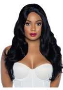 Leg Avenue Long Wavy Wig 27 Inch Black worn by a model with long, soft waves and a rich jet-black color.