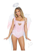 Leg Avenue Angel Ombre Chiffon Wings Halo Set with pink outfit and flowing chiffon wings, perfect for angel-themed looks.