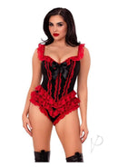 Leg Avenue Boned Ruffle Bodysuit XLarge Black and Red on a model showcasing its playful ruffle trim and bold silhouette.