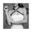 Bijoux Indiscrets Maze Cross Chest Harness displayed on a model, showcasing its elegant design and versatile style.