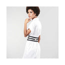 Bijoux Indiscrets Maze Wide Belt & Restraints worn over a white dress, adding a bold fashion statement.