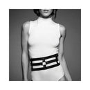 Bijoux Indiscrets Maze Wide Belt & Restraints worn over a fitted bodysuit in black and white photo.
