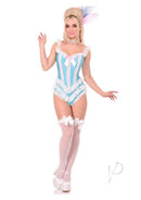 Leg Avenue Boned Ruffle Bodysuit with Bow Accent Blue White featuring ruffles and a playful look with knee-high stockings.