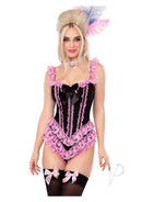 Leg Avenue Boned Ruffle Bodysuit XS Black and Pink featuring ruffles and bow for a flirty lingerie look.