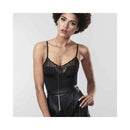 Bijoux Indiscrets Magnifique Chain Necklace Whip Silver worn with a black lace top and leather pants.