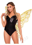 Leg Avenue Iridescent Strapless Fairy Wings One Size Gold worn with a sequined black bodysuit, showcasing whimsical style.