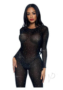 Leg Avenue Sheer Rhinestone Catsuit XSmall Black showcased by a model with sparkling rhinestone accents.