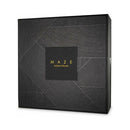 Bijoux Indiscrets Maze H-harness Vegan Leather Black packaging design with geometric patterns.