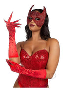 Leg Avenue Rhinestone Claw Gloves One Size Red showcased on model with matching mask in dramatic pose.