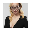 Bijoux Indiscrets Kristine Decal Eye Mask worn by a model, showcasing its glamorous design and unique geometric pattern.