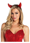 Leg Avenue Sequin Devil Horns One Size Red worn by a model, adorned with shimmering sequins for a playful look.