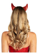 Leg Avenue Sequin Devil Horns One Size Red on a model with wavy blonde hair, showcasing their shimmering red sequins.