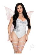 Leg Avenue Iridescent Strapless Fairy Wings O/S Pink worn with a sparkling silver bodysuit and delicate colorful accessories.