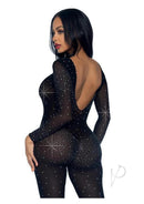 Leg Avenue Sheer Rhinestone Catsuit Small Black showcasing a glimmering rhinestone design on sheer fabric.