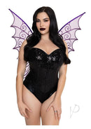 Leg Avenue Glitter Strapless Pixie Wings One Size Purple worn with a black bodysuit and glamorous makeup.