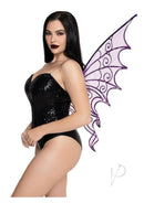 Leg Avenue Glitter Strapless Pixie Wings One Size Purple worn by a model with a black sequined bodysuit and purple wings.