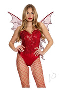Leg Avenue Glitter Strapless Pixie Wings O/S Red worn by a model in a red sequined outfit with glittery wings.