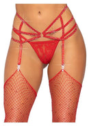 Leg Avenue Strappy Rhinestone O-Ring Garter Belt Red featuring elastic straps and rhinestone accents for a bold look.