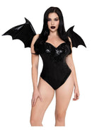 Leg Avenue Wet Look Strapless Bat Wings One Size Black model wearing glossy bat wings and sparkling bodysuit.