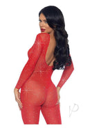 Leg Avenue Sheer Rhinestone Catsuit Small Red showcasing a glamorous back view with sparkling rhinestones.