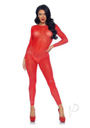Leg Avenue Sheer Rhinestone Catsuit Small Red on model, showcasing sparkling rhinestones and a bold red sheer design.
