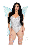 Leg Avenue Iridescent Strapless Fairy Wings O/S Blue displayed on a model, showcasing shimmering blue wings and playful costume.