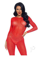 Leg Avenue Sheer Rhinestone Catsuit XSmall Red modeled by a confident woman in a sparkling red bodysuit.