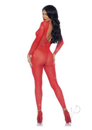 Leg Avenue Sheer Rhinestone Catsuit XSmall Red showcasing a glamorous style with sparkling rhinestones against a sheer red fabric.