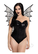 Leg Avenue Glitter Strapless Pixie Wings O/S Black worn with a sparkling black bodysuit, showcasing delicate pixie silhouette.