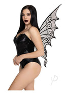 Leg Avenue Glitter Strapless Pixie Wings O/S Black worn by model showcasing sparkling design and delicate silhouette.