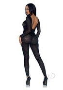Leg Avenue Sheer Rhinestone Catsuit Medium Black outlined in shimmering rhinestones, showcasing a sleek fit.