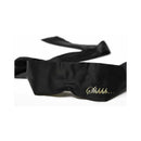 Bijoux Indiscrets Shhh Satin Blindfold in black satin with Shhh... embroidery for sensory play.
