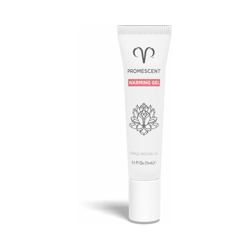 Promescent Female Arousal Warming Gel 0.5 Oz tube featuring a sleek design and floral graphics.