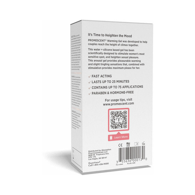 Promescent Female Arousal Warming Gel 0.5 Oz packaging back with usage instructions and benefits.