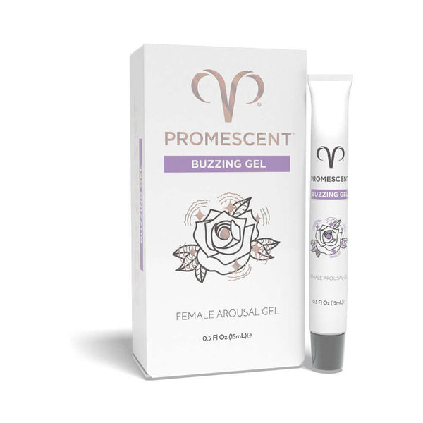 Promescent Female Arousal Buzzing Gel 0.5 Oz packaging and tube for enhancing feminine pleasure.