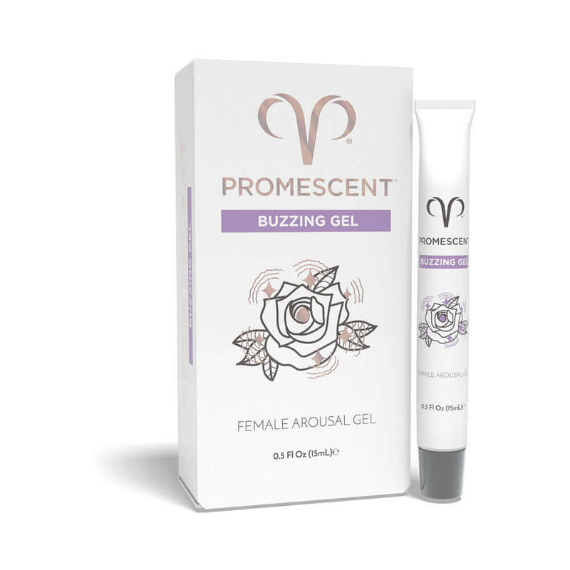 Promescent Female Arousal Buzzing Gel 0.5 Oz packaging and tube for enhancing feminine pleasure.