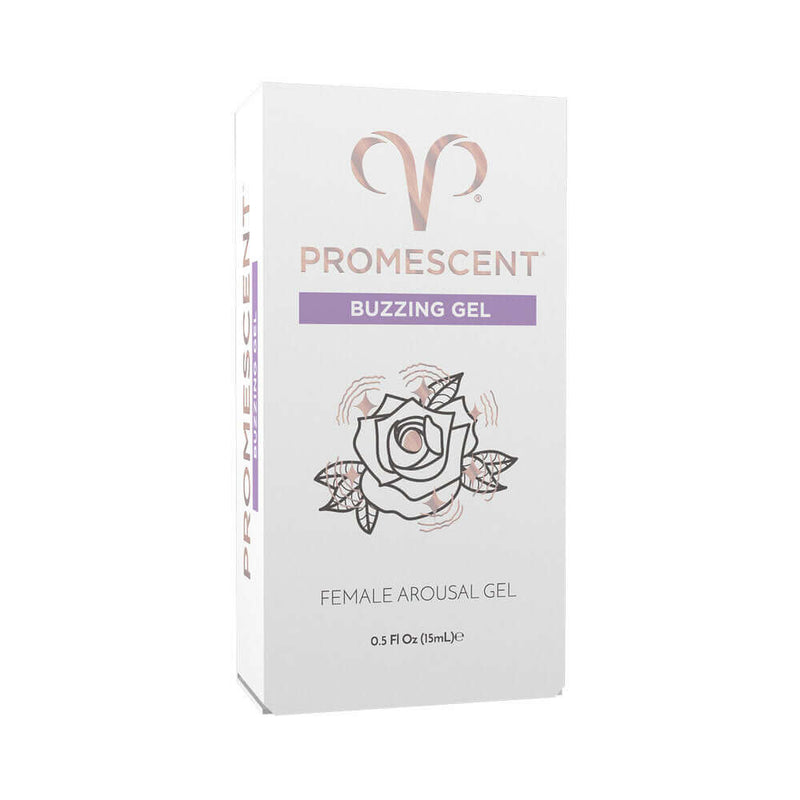 Promescent Female Arousal Buzzing Gel 0.5 Oz packaging with floral design and product details.