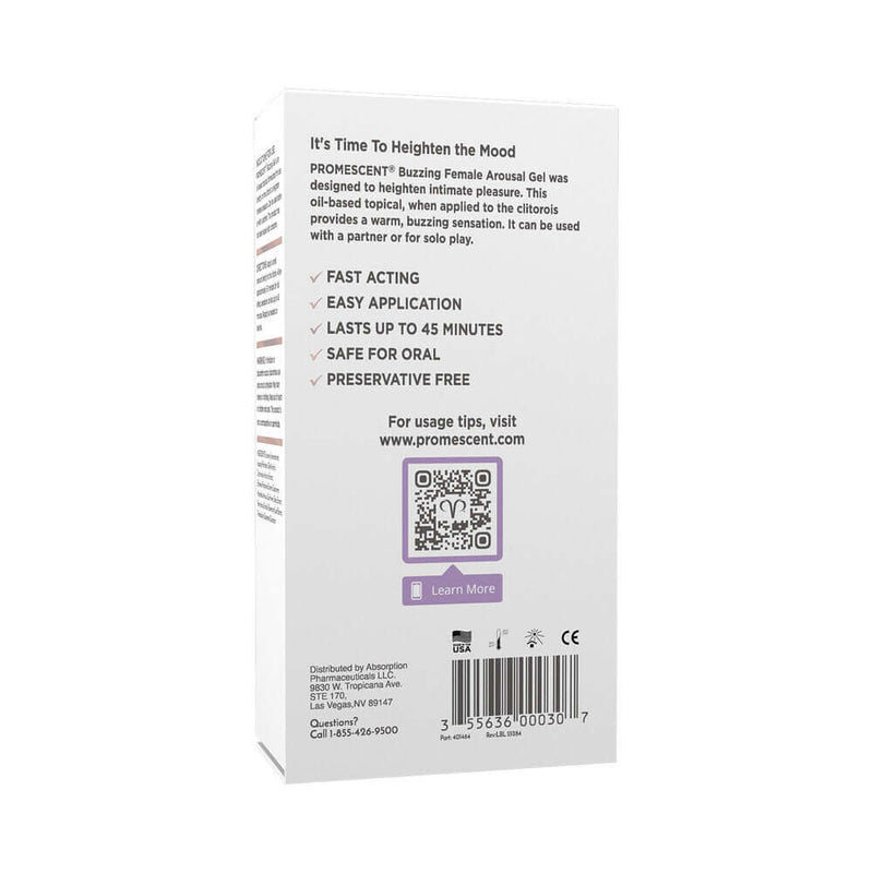 Promescent Female Arousal Buzzing Gel 0.5 Oz packaging with product benefits and usage tips.